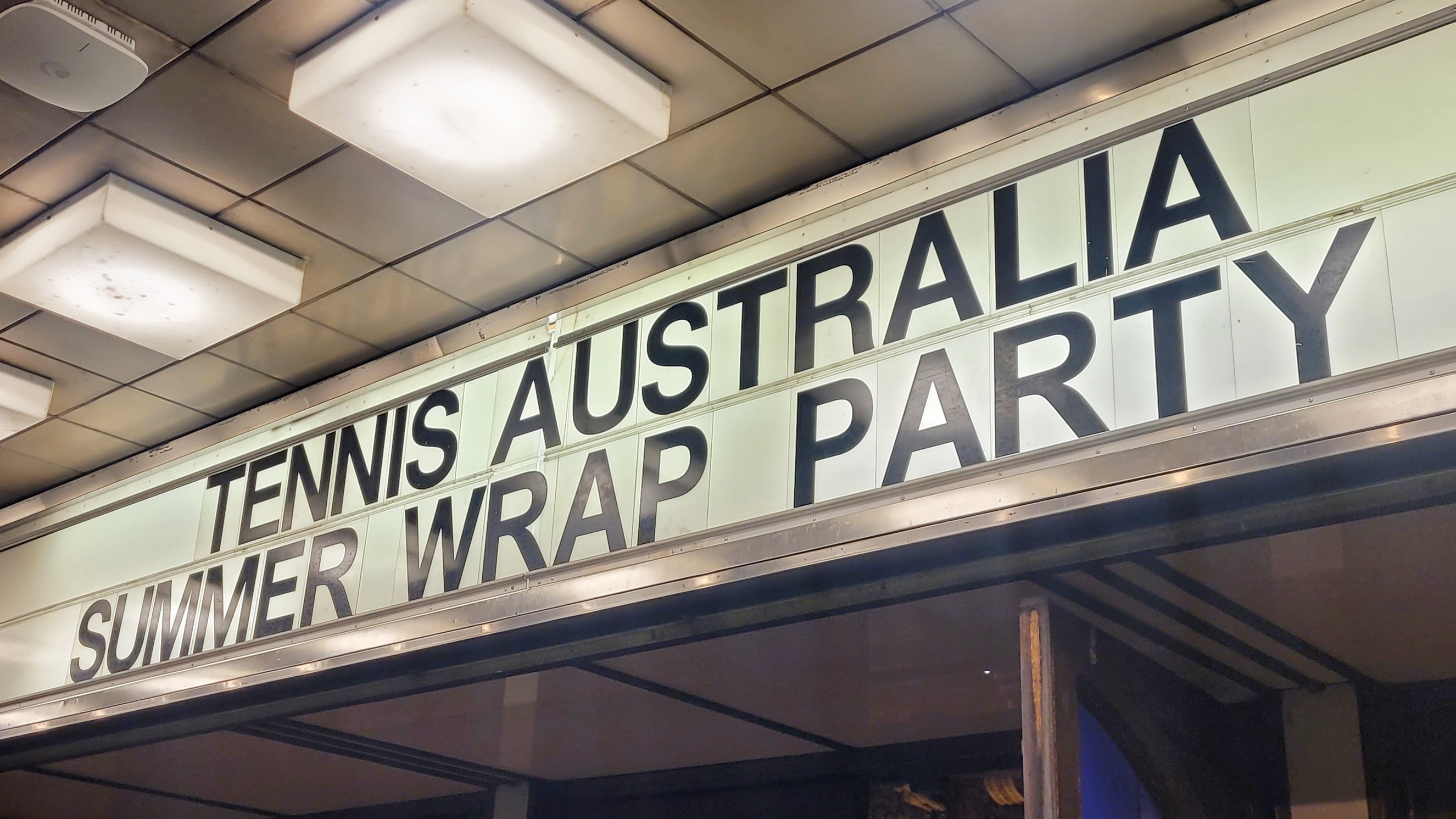 Tennis Australia Summer Wrap Party marquee sign at The Forum Melbourne