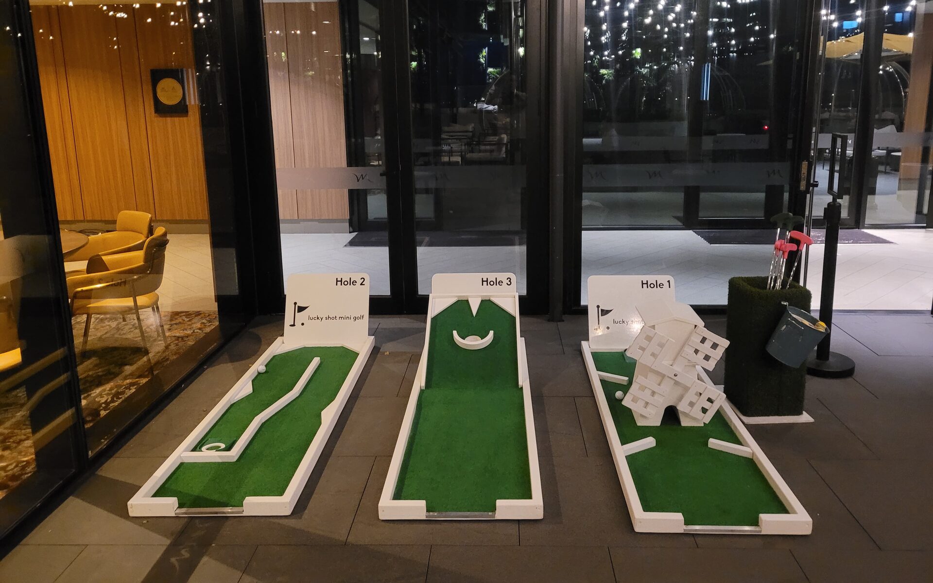 3-hole mini golf course set up at a Melbourne event venue