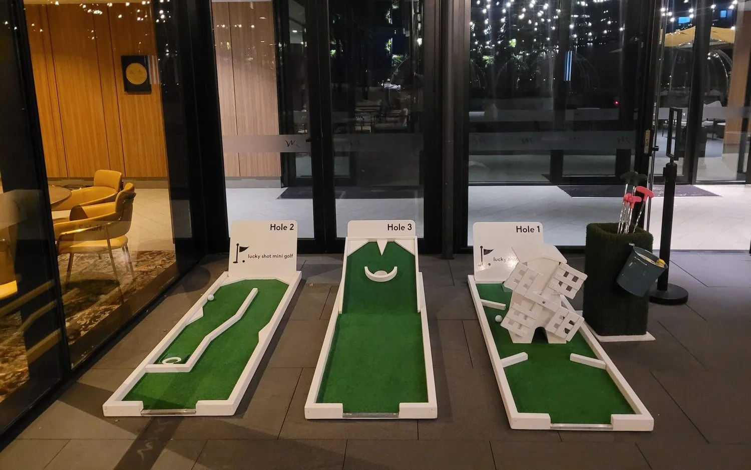 3-hole mini golf course set up at a Melbourne event venue