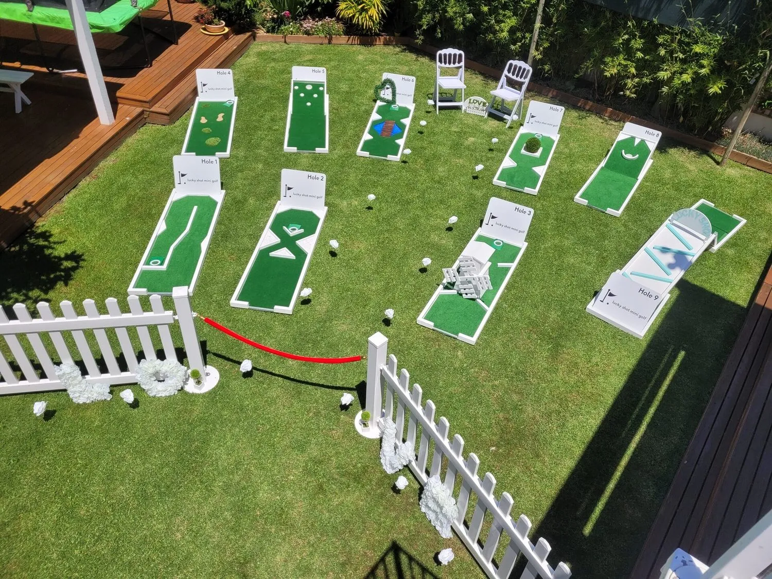 Full mini golf course setup viewed from above at Melbourne backyard wedding