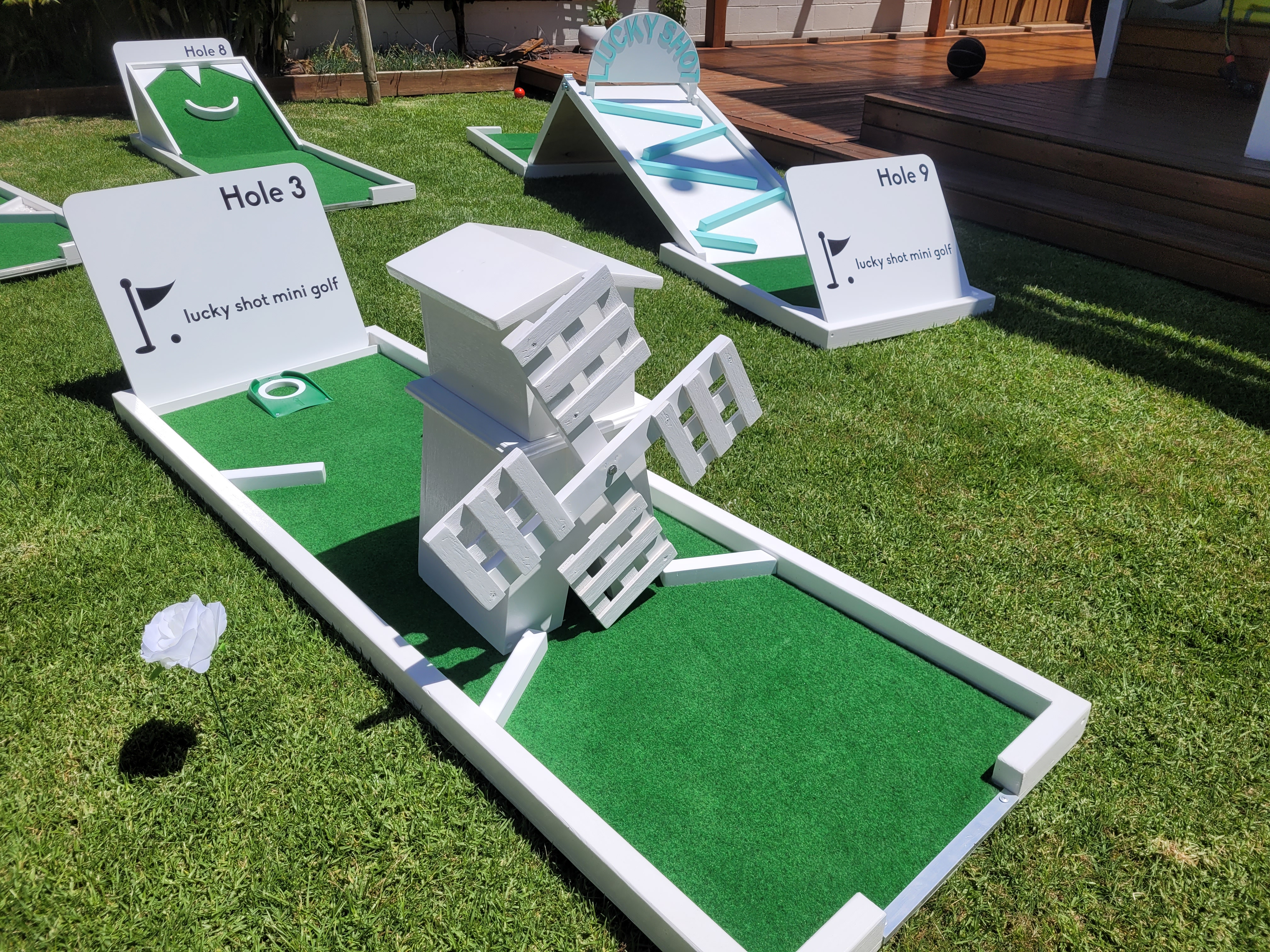9-hole mini golf course set up at an elegant Melbourne wedding venue