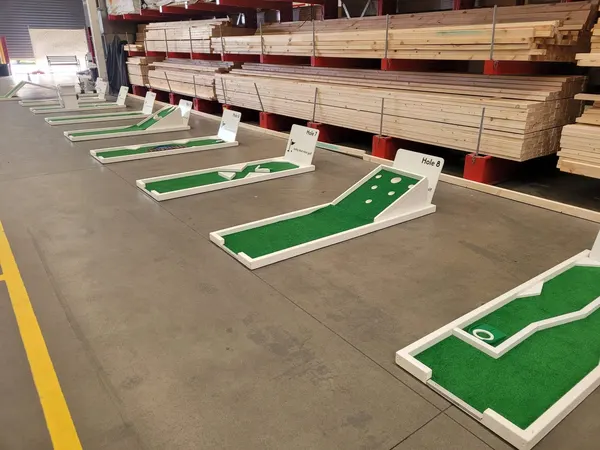 Lucky Shot Mini Golf course laid out the length of a large Melbourne warehouse-style venue