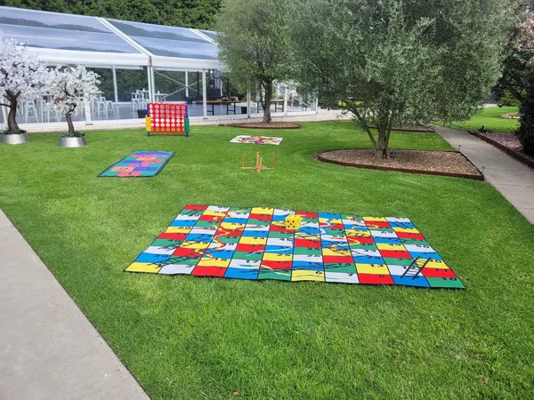 Lucky Shot lawn games including giant chess set up at a Melbourne outdoor event