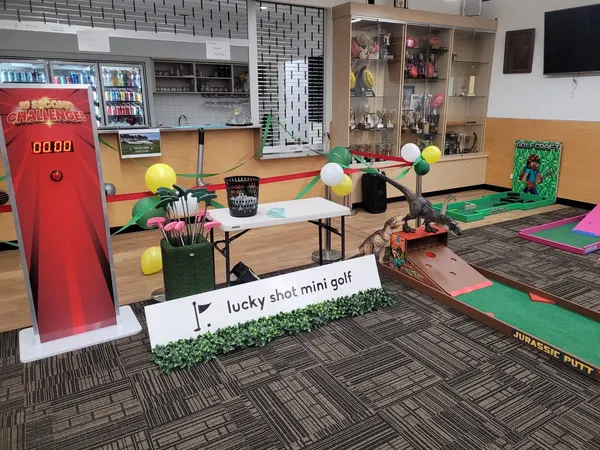 Lucky Shot Mini Golf course set up inside a Melbourne corporate venue ready for an evening event