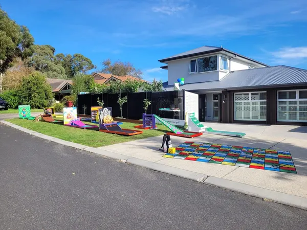 Lucky Shot Mini Golf course set up in a suburban Melbourne backyard for a kids party