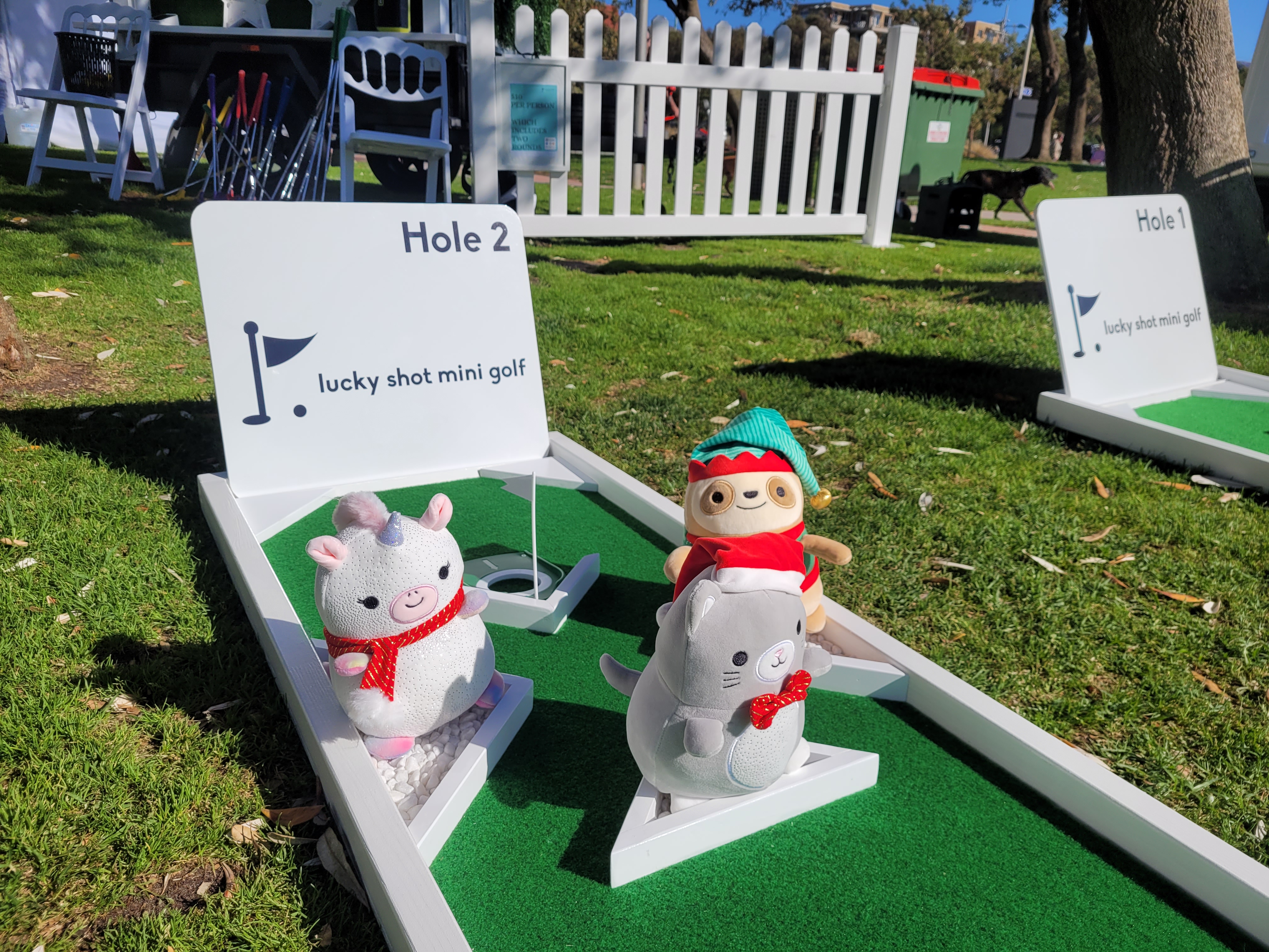 Christmas themed mini golf with cute festive plush toy decorations