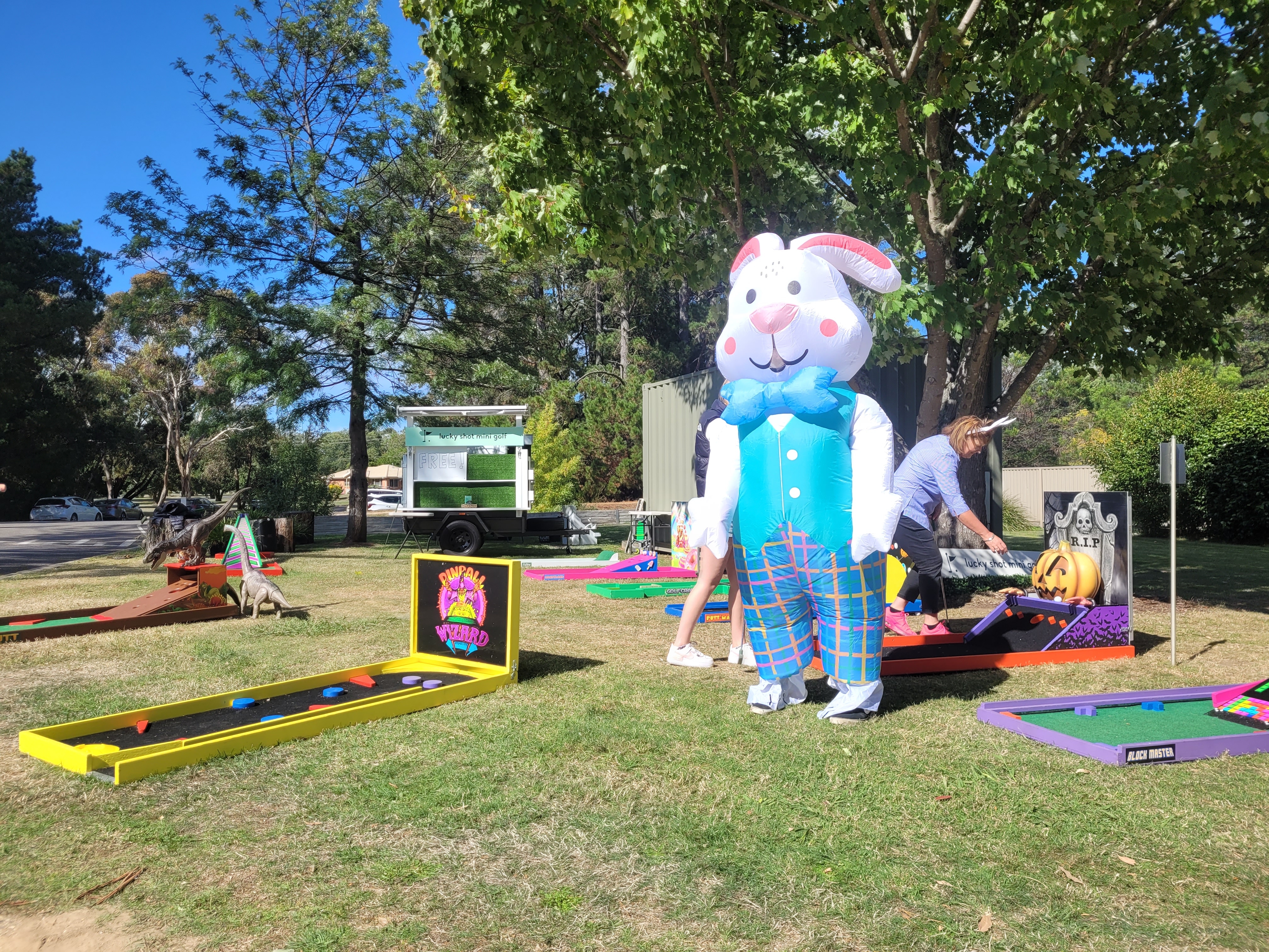 Easter themed mini golf with giant Easter bunny inflatable at Lucky Shot activation
