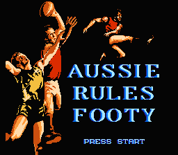 Title screen of Aussie Rules Footy, the 1991 Nintendo game, showing three players contesting a mark