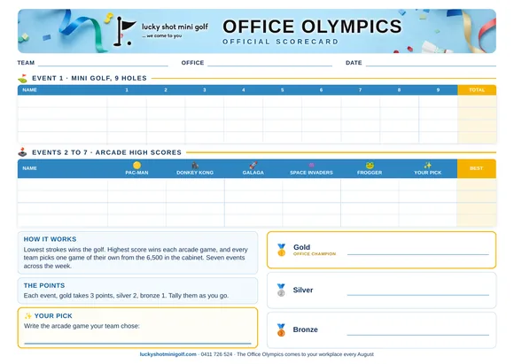The official Office Olympics scorecard, mini golf strokes and arcade high scores with a medal tally