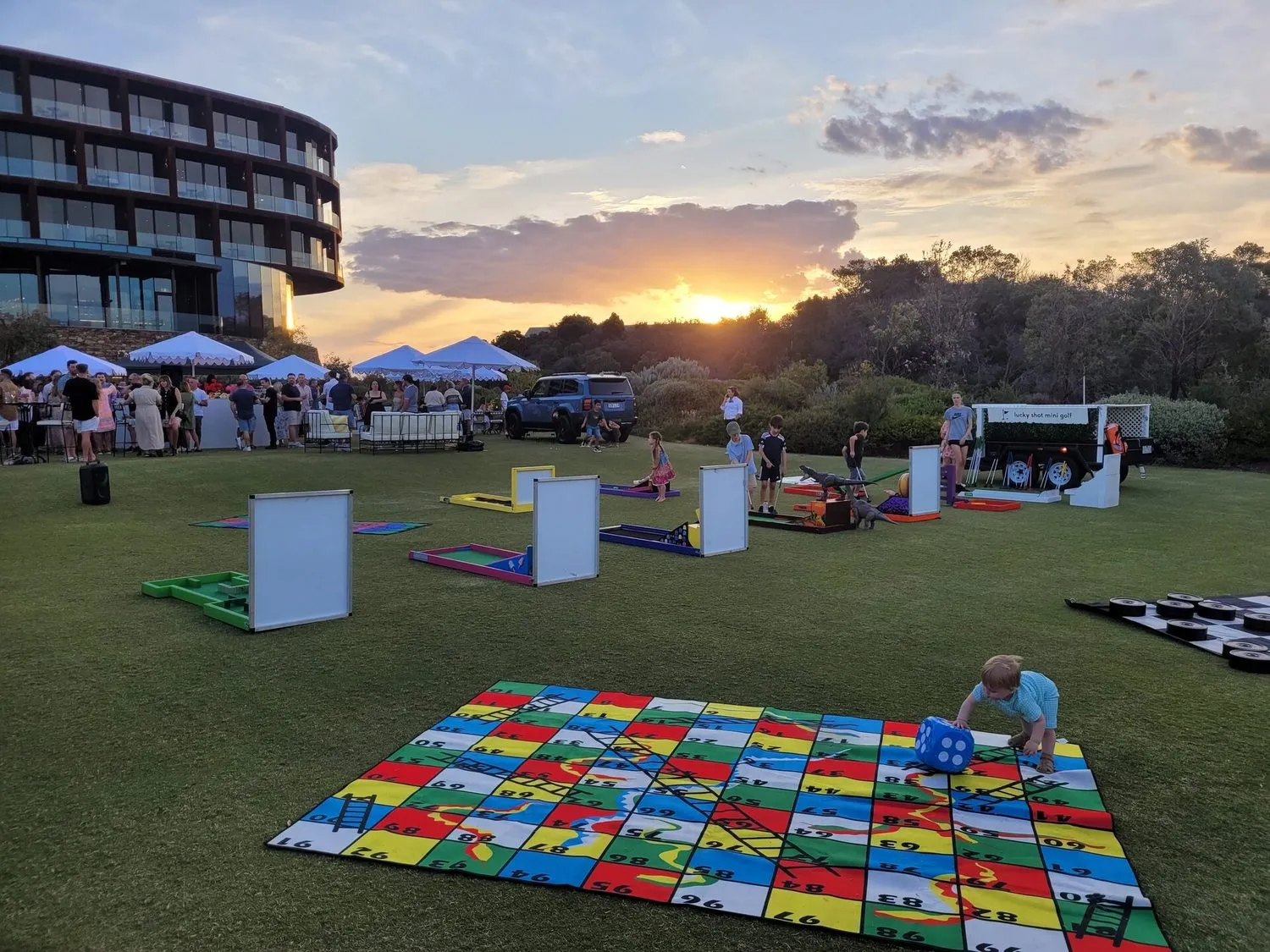 Lucky Shot lawn games at a Melbourne event at sunset