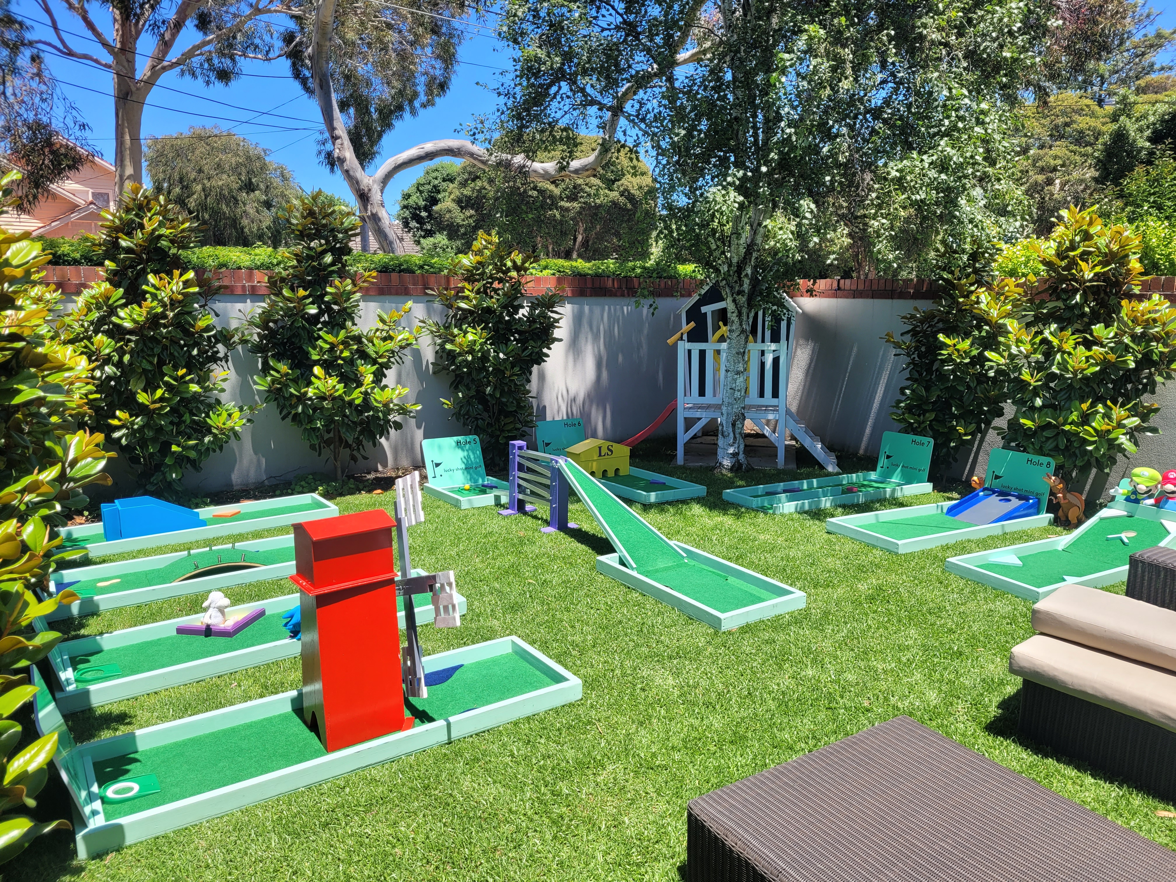 Lucky Shot mini golf course set up in Melbourne backyard for kids birthday
